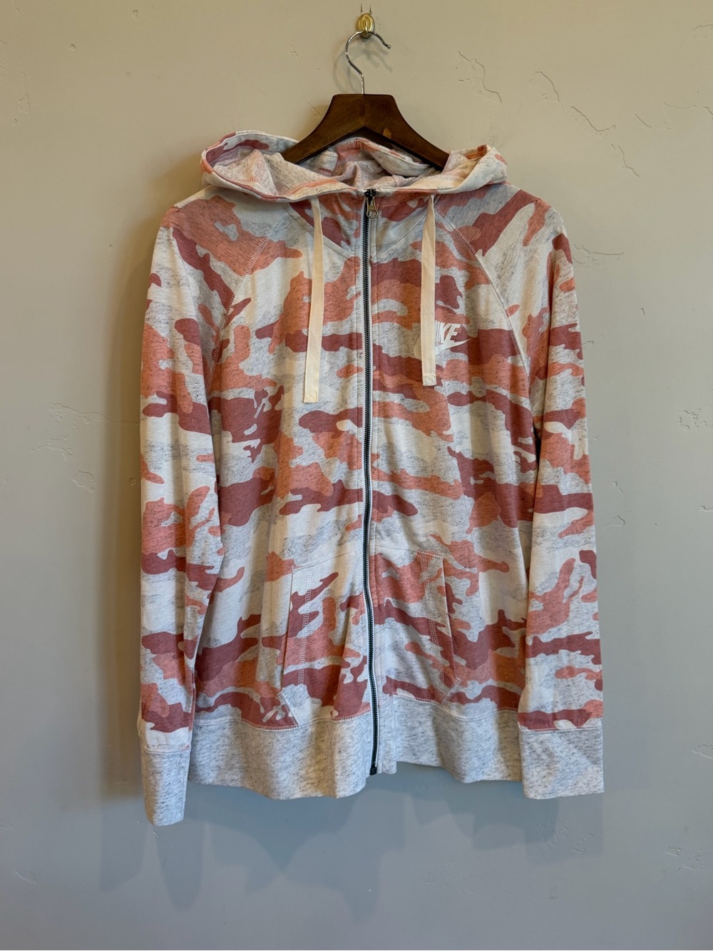 NIKE Heathered Pink Camo Gym Vintage Full Zip Up Hooded Lightweight Sweatshirt